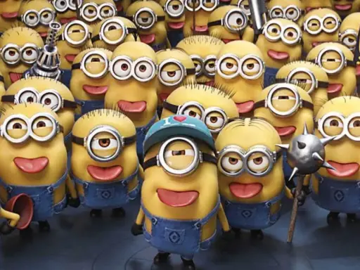 Grupa wesołych, żółtych minionków postacie w niebieskich ogrodniczkach, jeden z nich trzyma tabliczkę "Follow MEL".