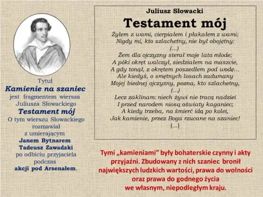 Portret Juliusza Słowackiego obok fragmentu "Testamentu mojego", nawiązującego do "Kamieni na szaniec".