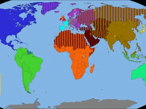 Mapa świata z zaznaczonymi regionami szkół w Harrym Potterze: Ilvermorny w Ameryce Północnej, Hogwarts w Europie, Castelobruxo w Ameryce Południowej.