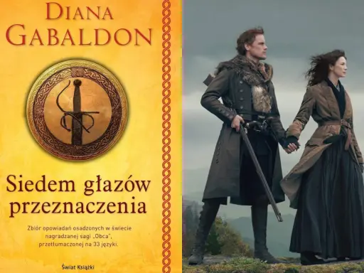 Okładka książki Diany Gabaldon "Siedem głazów przeznaczenia" i para z serialu "Outlander". Idealne dla fanów sagi Diana Gabaldon kolejność.