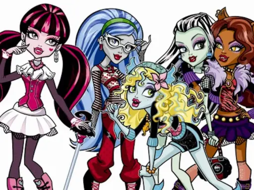 Pięć kolorowych, stylowych **monster high postaci damskich** pozuje razem, każda z unikalnym wyglądem i osobowością.