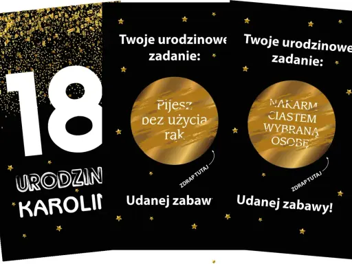 Złote karty z zadaniami na 18 urodziny: "Pijesz bez użycia rąk" i "Nakarm ciastem wybraną osobę". Udanej zabawy!