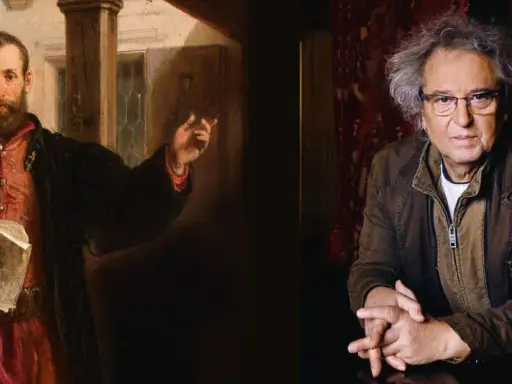 Jan Kochanowski i Tadeusz Woźniak. Obraz przedstawia poetę z XVI w. i współczesnego artystę, jakby śpiewali pieśń świętojańską o sobótce.