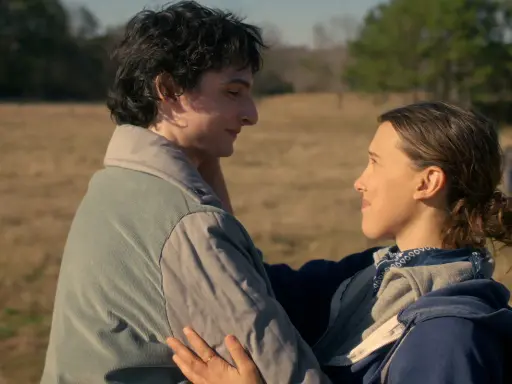 Mike i Eleven z Stranger Things 002 patrzą na siebie z czułością na tle polnej scenerii.