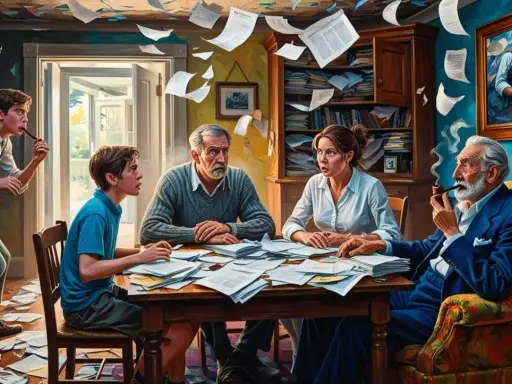 Rodzina przy stole, przytłoczona papierami, tworzy chaos. Stary pan pali fajkę, jakby podsumowywał całą sytuację.