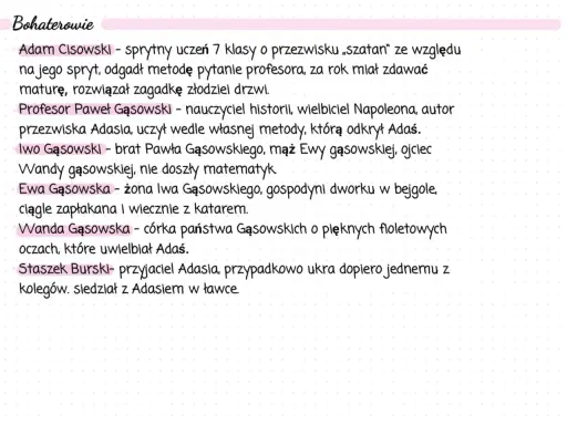 Adam Cisowski, sprytny uczeń z siódmej klasy, zwany "szatanem" za swój spryt. Rozwiązał zagadkę złodziei drzwi.
