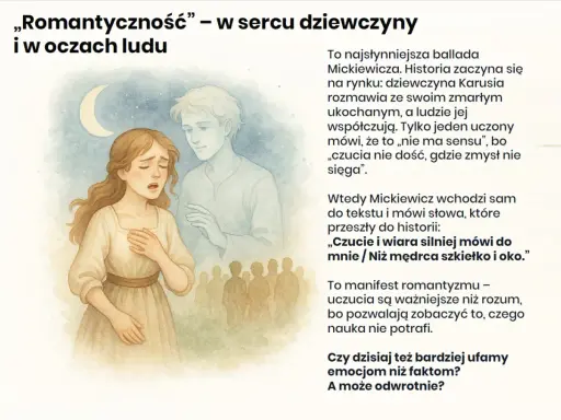 Ilustracja do ballad i romansów: dziewczyna wpatrzona w księżyc, obok niej duch ukochanego, w tle tłum.