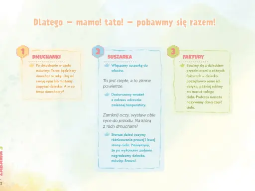 Zabawy zapoznawcze dla dzieci: dmuchanki, suszarka i faktury. Rozwijamy zmysły i uczymy rozróżniać strony ciała.