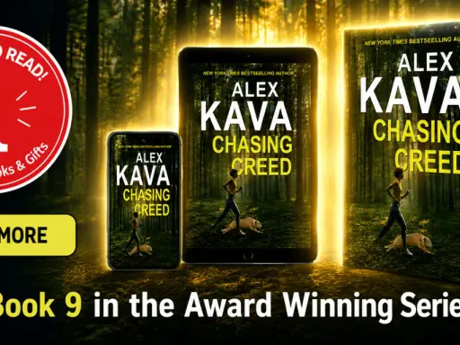 Kolejność książek Alex Kava: okładka "Chasing Creed" na telefonie, tablecie i w formie fizycznej. Numer 9 w serii.