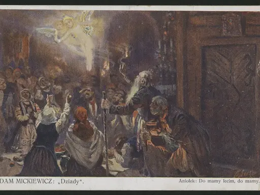 Scena z "Dziadów" cz. 4: tłum ludzi wpatruje się w aniołka, który mówi "Do mamy lecim, do mamy".