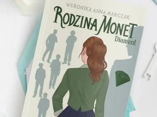 Okładka książki "Rodzina Monet. Diament" z sylwetkami postaci i zielonym klejnotem.