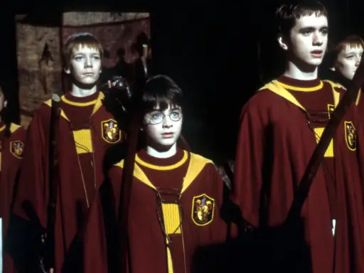 Harry Potter i kamień filozoficzny streszczenie: młodzi czarodzieje w szatach Gryffindoru, w tym Harry, przygotowują się do meczu Quidditcha.