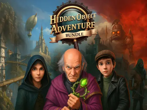 Trzy postacie, w tym starszy mężczyzna z magiczną laską, młody chłopiec i dziewczyna w kapturze, zapraszają do świata gier typu hidden objects.