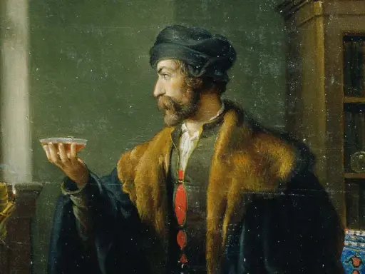 Mężczyzna w bogatym stroju trzyma kielich z płynem. Scena przypomina streszczenie "Fausta", pełne tajemnic i alchemii.