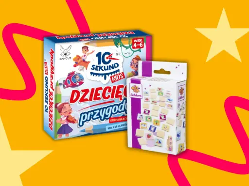 Dwie gry planszowe dla dzieci: "10 Sekund Dziecięce Przygody" i "Eichhorn". Idealne zabawy rywalizacyjne dla najmłodszych.