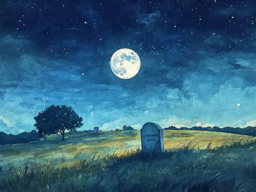 Nocny krajobraz z księżycem, gwiazdami i nagrobkiem na wzgórzu.