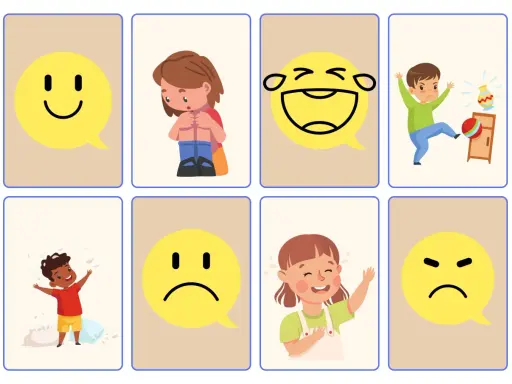 Zestaw kart do nauki emocji dla dzieci: uśmiechnięta buźka, smutne dziecko, śmiejąca się buźka, zły chłopiec, radosny chłopiec, smutna buźka, płacząca dziewczynka, zła buźka.