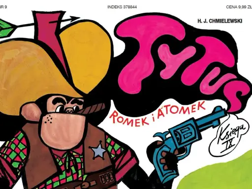 Szeryf z cygarem i rewolwerem, w kapeluszu kowbojskim. Okładka komiksu "Romek i Atomek", część serii o dzikim zachodzie.