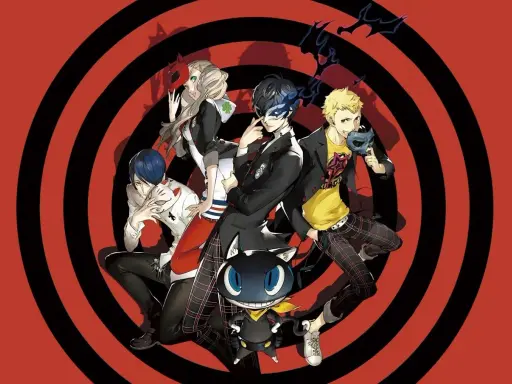 Postacie z gry Persona 5, która jest przykładem gatunku jrpg co to, pozują na tle czerwono-czarnych kręgów.
