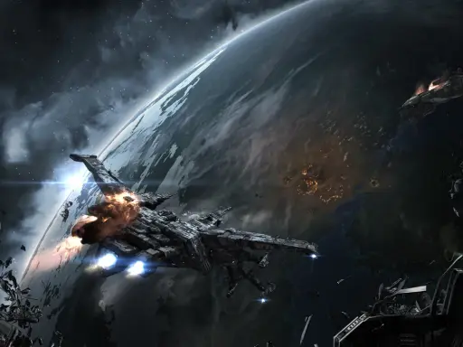 Bitwa kosmiczna nad planetą, zniszczone statki i szczątki. To może być scena z gry, która doczekała się **eve online spolszczenie**.
