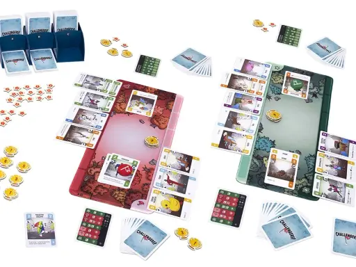 Gra planszowa Challengers! z kartami, żetonami i planszami. Idealna na wieczór z przyjaciółmi, zdobyła nagrodę Spiel des Jahres.