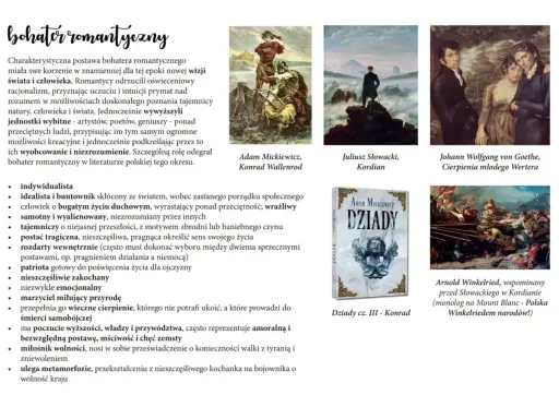 Cechy literatury romantycznej: indywidualizm, bunt, tragizm, patriotyzm, emocjonalność. Bohater romantyczny to wybitna jednostka.