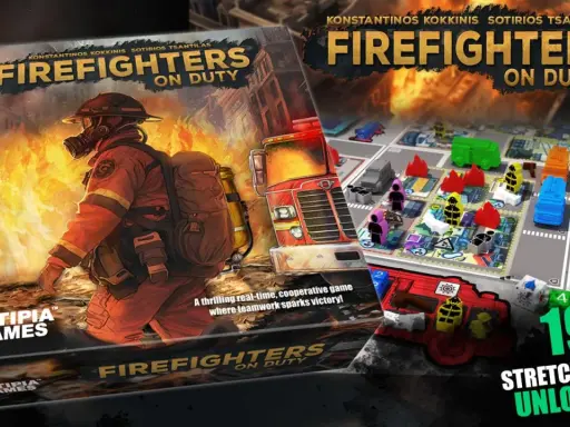 Gra planszowa "Firefighters on Duty" z bohaterem w stroju strażaka i planszą akcji.