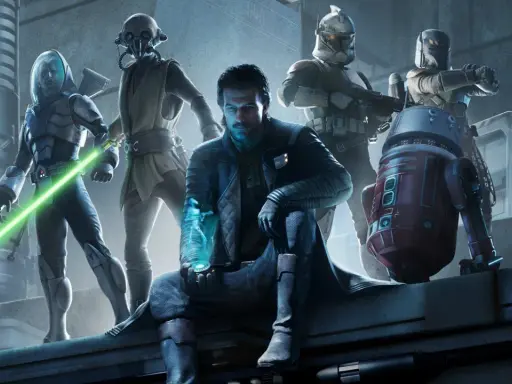 Postacie z nowej gry Star Wars: Jedi z zielonym mieczem świetlnym, droid, klony i tajemniczy mężczyzna z hologramem.