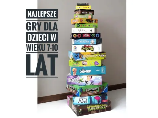 Stos gier planszowych dla dzieci, w tym gra detektywistyczna "Sabotażysta". Idealne na prezent dla młodych odkrywców.