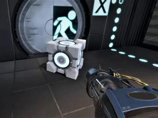 Kostka towarzysząca i portal gun w grze komputerowej Portal.