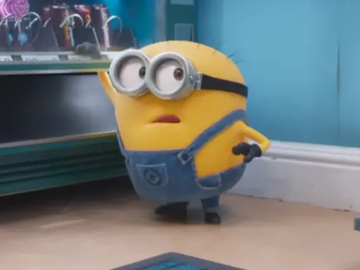 Minionek w ogrodniczkach zastanawia się, po jakim języku mówią minionki, gdy patrzy na automat z przekąskami.