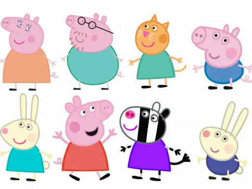 Świnka Peppa i jej przyjaciele: Mama Świnia, Tata Świnia, Kotka, Świnia, Króliczka, Zebra i Królik.