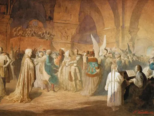 Uroczysta sala, gdzie gra fortepian Chopina, a goście w strojach z epoki bawią się i tańczą.