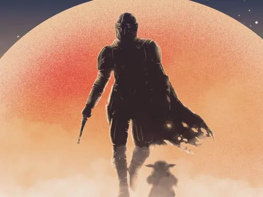 Mandalorian i Dziecko idą pod wielką, pomarańczową planetą. To jest ten sposób, mandalorian po polsku.