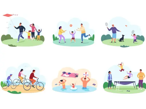 Różnorodne zabawy na dworze dla 10 latków: puszczanie latawca, gra w piłkę, badminton, jazda na rowerze, kąpiel i skakanie na trampolinie.