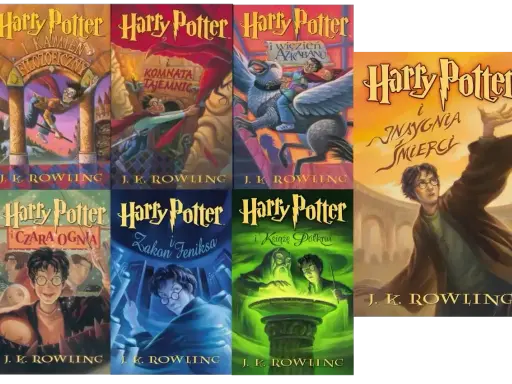 Kolekcja okładek książek z serii Harry Potter części: Kamień Filozoficzny, Komnata Tajemnic, Więzień Azkabanu, Czara Ognia, Zakon Feniksa, Książę Półkrwi i Insygnia Śmierci.