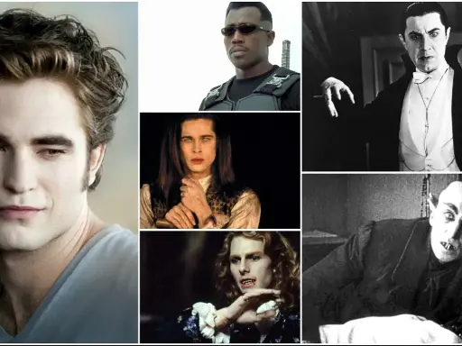 Kolaż postaci wampirów, od klasycznego Nosferatu po współczesne wcielenia, ilustruje ewolucję i parodię w literaturze.