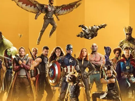 Wielka gromada marvel postacie: Hulk, Kapitan Ameryka, Thor, Iron Man, Czarna Wdowa, Star-Lord, Groot i inni gotowi do walki.