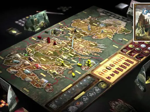 Gra planszowa "Gra o Tron" przypominająca Splendor, z mapą Westeros, pionkami i kartami.