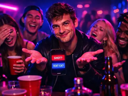 Młody mężczyzna trzyma telefon z pytaniami: "SHOT?" i "TEXT EX?". W tle śmiejący się przyjaciele. Czy kiedykolwiek pytania mocne?