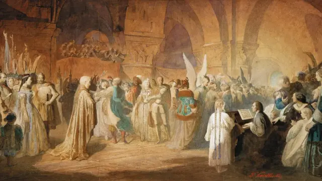 Uroczysta sala, gdzie gra fortepian Chopina, a goście w strojach z epoki bawią się i tańczą.
