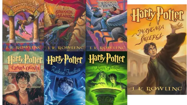 Okładki książek z uniwersum Harry'ego Pottera: Kamień Filozoficzny, Komnata Tajemnic, Więzień Azkabanu, Czara Ognia, Zakon Feniksa, Książę Półkrwi i Insygnia Śmierci.