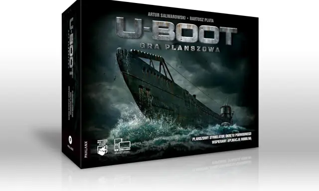 U-Boot gra planszowa. Mroczny okręt podwodny wynurza się z wzburzonych fal pod burzowym niebem.