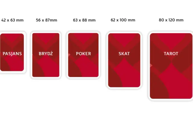 Różne rozmiary kart do gry: Pasjans, Brydż, Poker, Skat, Tarot. Idealne do gry talią 32 kart.