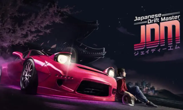 Japońska gra komputerowa "Japanese Drift Master" z różowym samochodem i młodym kierowcą pod kwitnącą wiśnią i nocnym miastem.