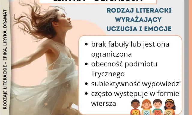 Liryka – rodzaj literacki wyrażający uczucia i emocje, często w formie wiersza. Obraz przedstawia tańczącą kobietę, symbolizującą wolność i ekspresję.