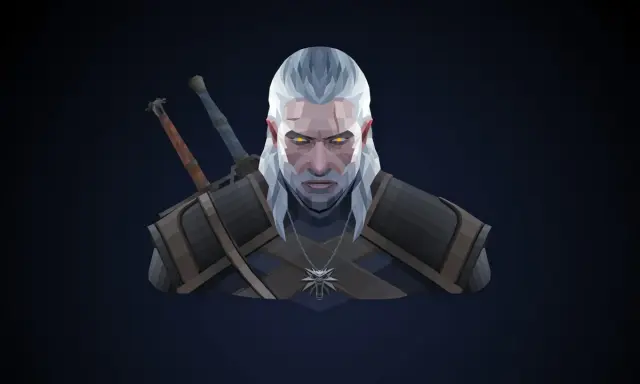 Geralt z Rivii, wiedźmin z wilczym medalionem i dwoma mieczami, patrzy groźnie. Jego oczy świecą na żółto, a twarz naznaczona jest bliznami.