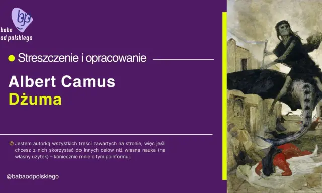Albert Camus "Dżuma" - streszczenie i opracowanie. Obraz przedstawia mroczną wizję zarazy, z postacią śmierci na koniu.