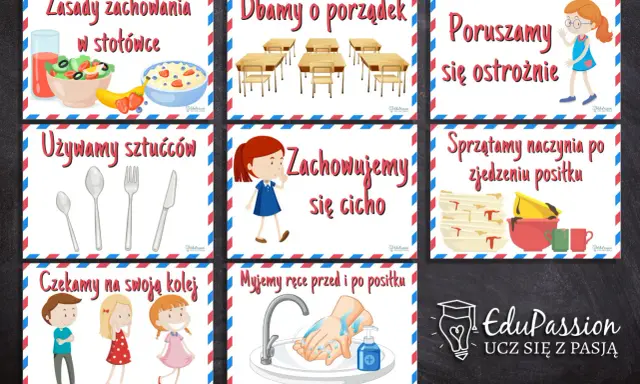 Zasady zachowania w stołówce, dbanie o porządek, poruszanie się ostrożnie, używanie sztućców, zachowanie ciszy, sprzątanie naczyń, czekanie na swoją kolej i mycie rąk to ważne zasady, które uczą starszeństwo kart.