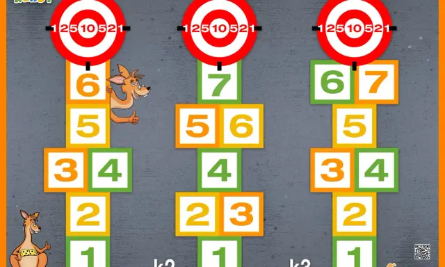 Gra kwadraty z kangurkami i tarczami strzelniczymi. Kolorowe pola z liczbami tworzą ścieżki.
